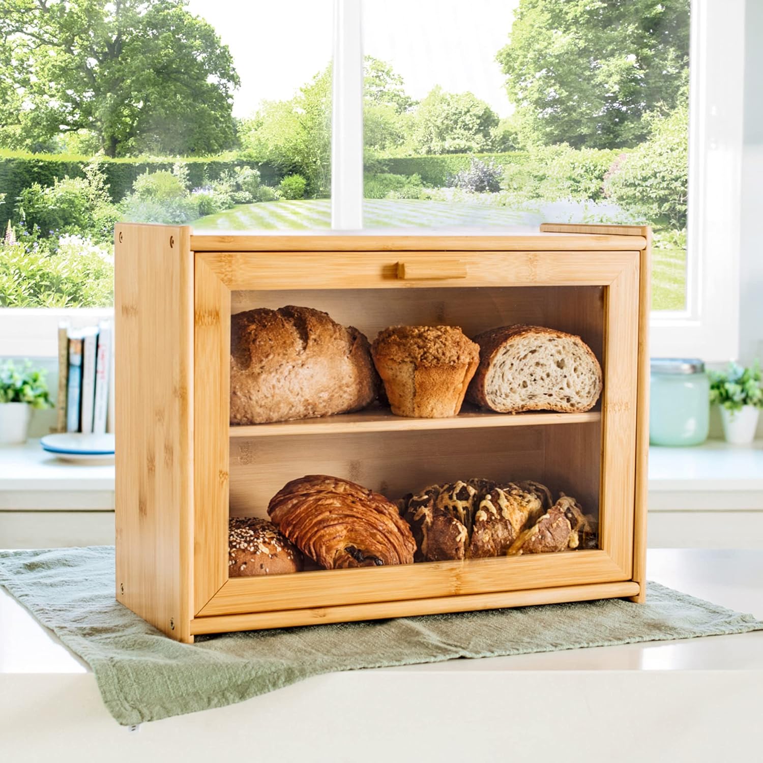 Premium Double Layer Bamboo Bread Box with Transparent Window