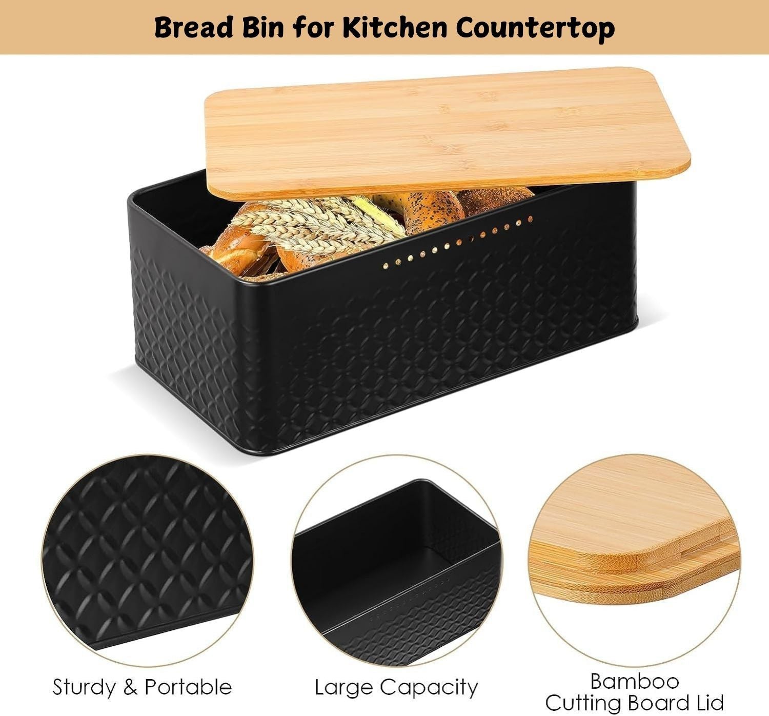 Premium Bread Bin with Bamboo Lid & Chopping Board - Black