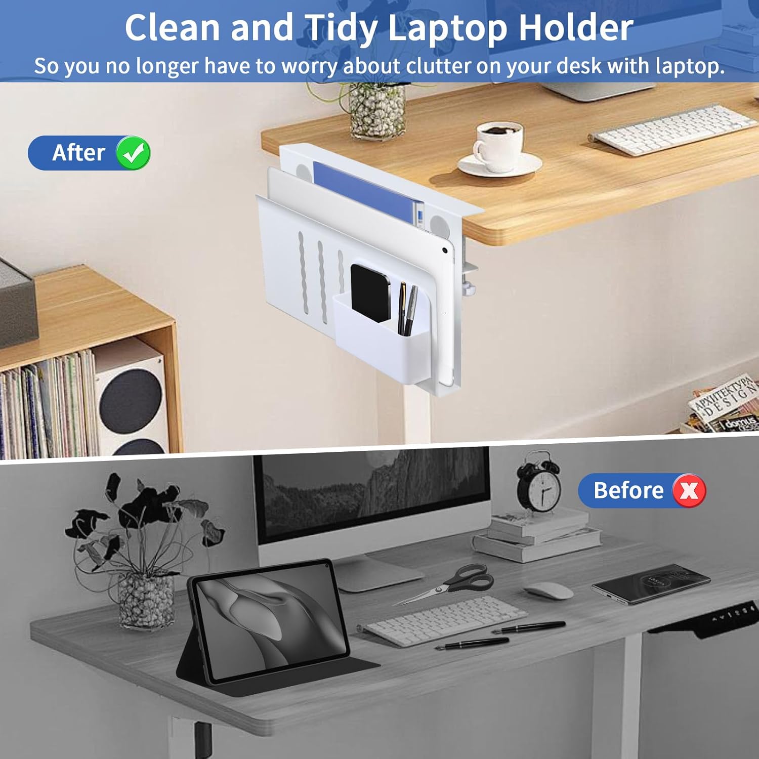 Premium Under Desk Laptop Holder with Cable Tray & Pen Storage