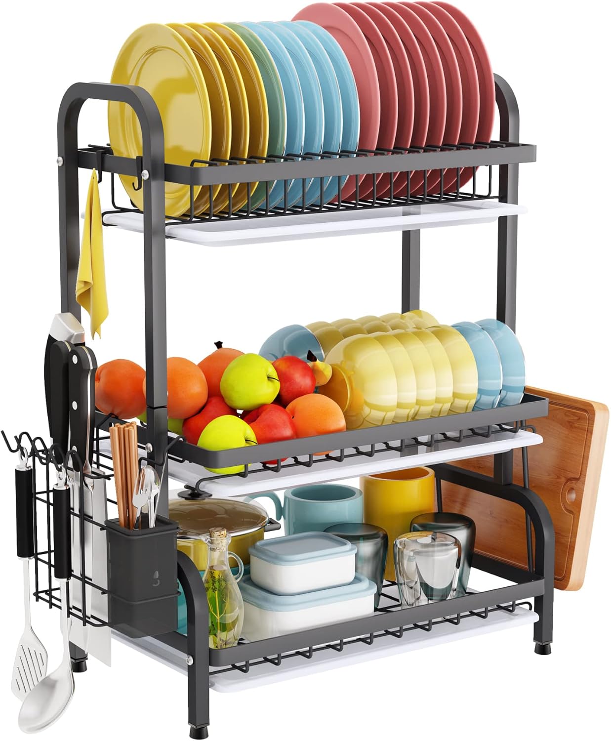 Premium 3-Tier Dish Drying Rack with Utensil & Cutting Board Holder