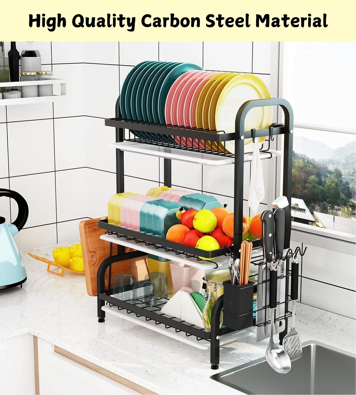 Premium 3-Tier Dish Drying Rack with Utensil & Cutting Board Holder