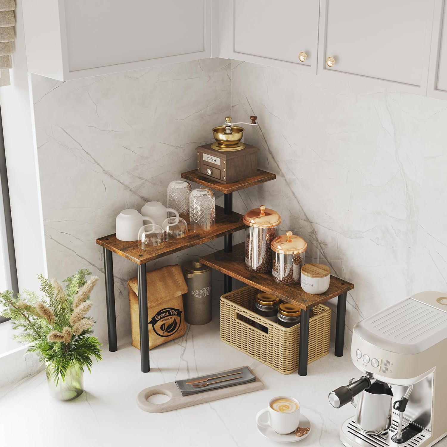 Premium 3-Tier Wooden Corner Shelf with Stainless Steel Legs