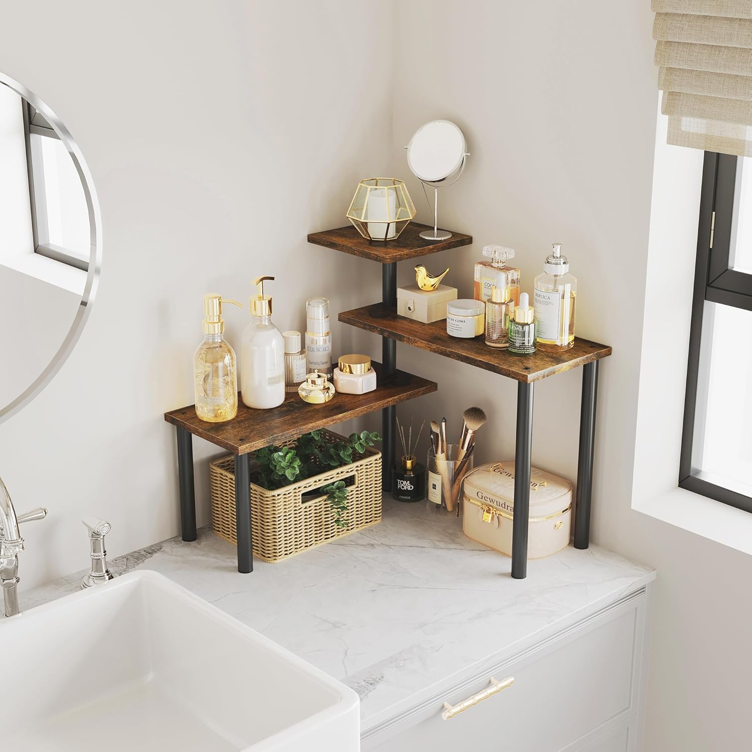 Premium 3-Tier Wooden Corner Shelf with Stainless Steel Legs