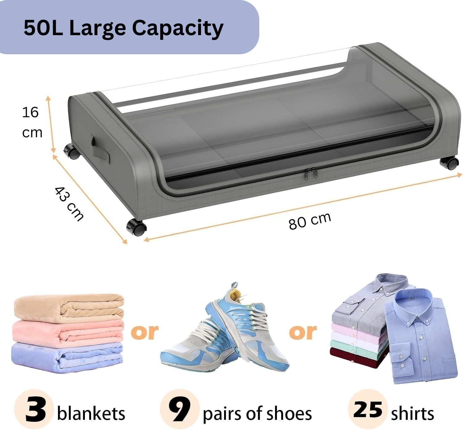 CARLA HOME XXL Under Bed Rolling Storage Container with Wheels - 50L