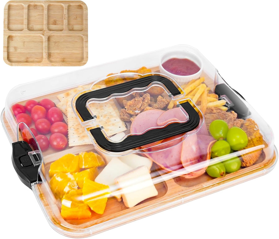 CARLA HOME Bamboo Charcuterie Board with Lid & Handle, 6 Compartments, 28x36x8 cm - SuperSaverAU - view 1