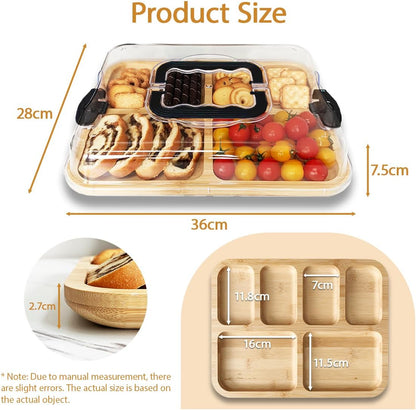 CARLA HOME Bamboo Charcuterie Board with Lid & Handle ideal Gift for Kitchen, Party & Picnic (6 Compartments)