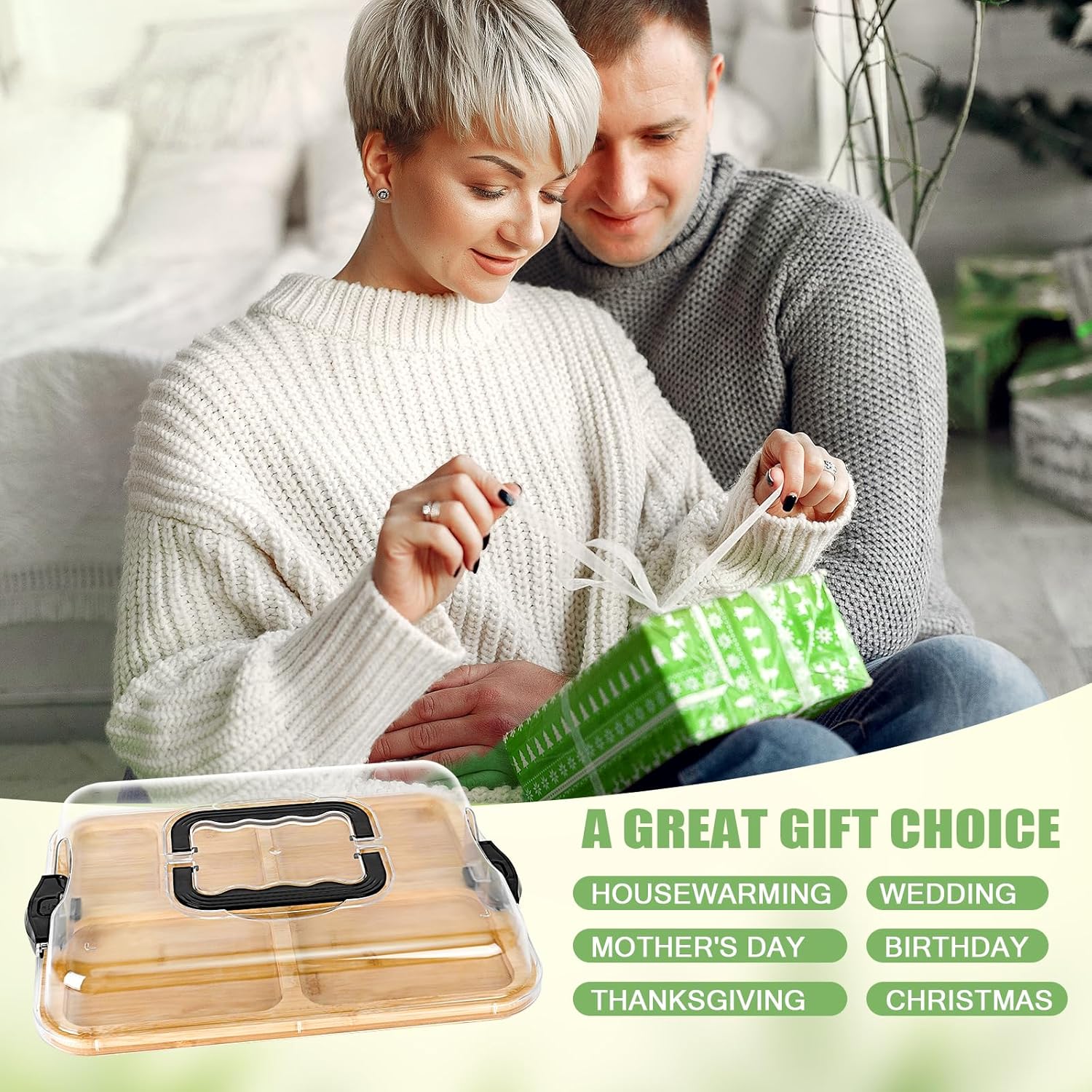 CARLA HOME Bamboo Charcuterie Board with Lid & Handle, 6 Compartments, 28x36x8 cm - SuperSaverAU - view 7