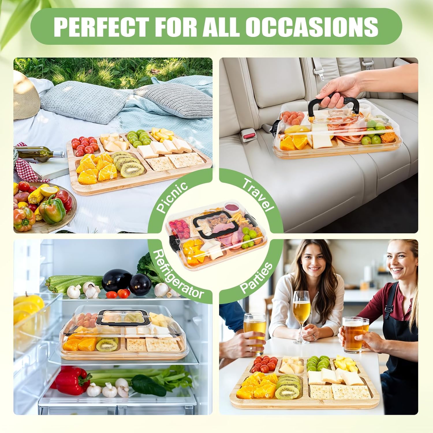 CARLA HOME Bamboo Charcuterie Board with Lid & Handle, 6 Compartments, 28x36x8 cm - SuperSaverAU - view 8