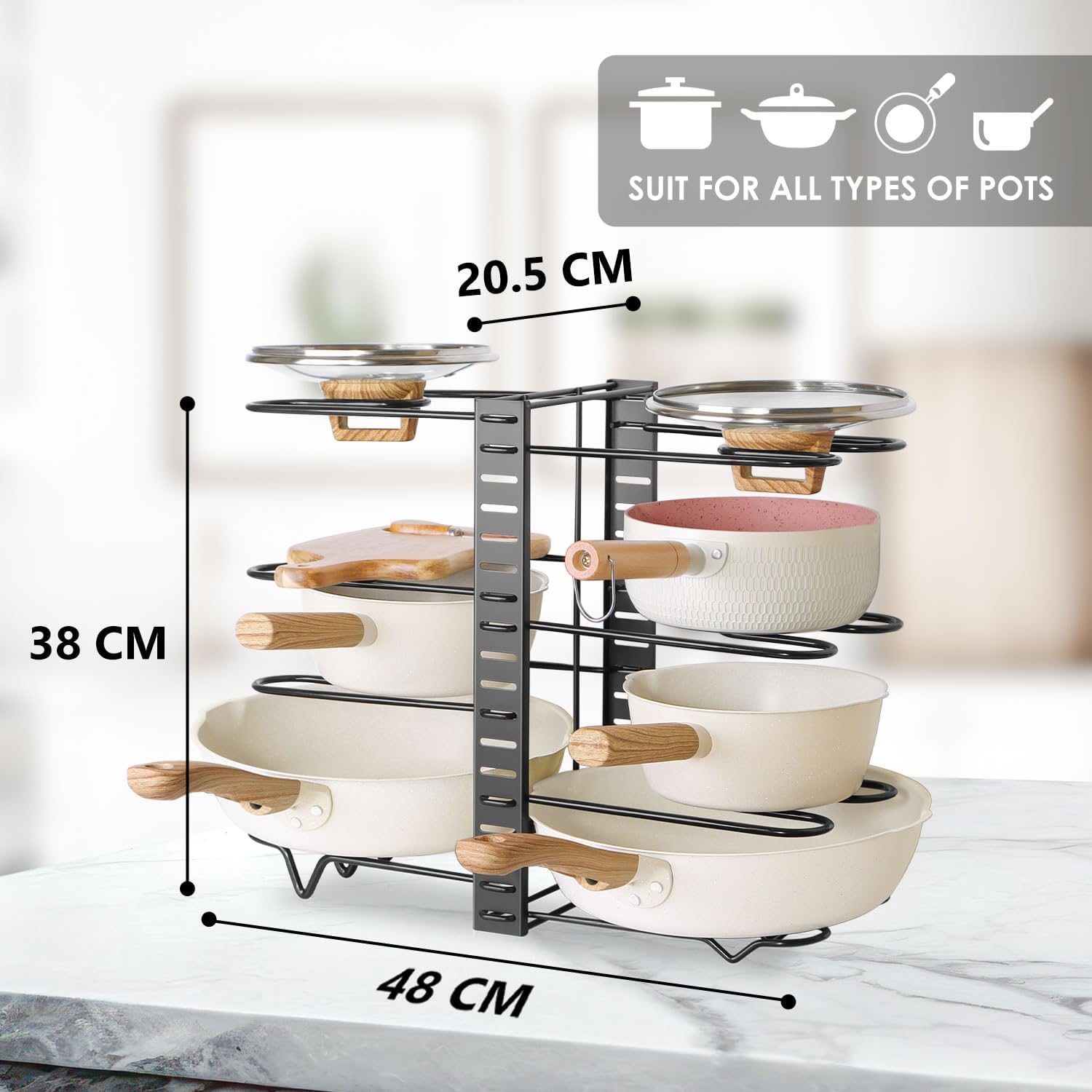 CARLA HOME 8-Tier Adjustable Pot Organizer Rack 20x38x48 cm for Kitchen Cabinet - SuperSaverAU - view 3