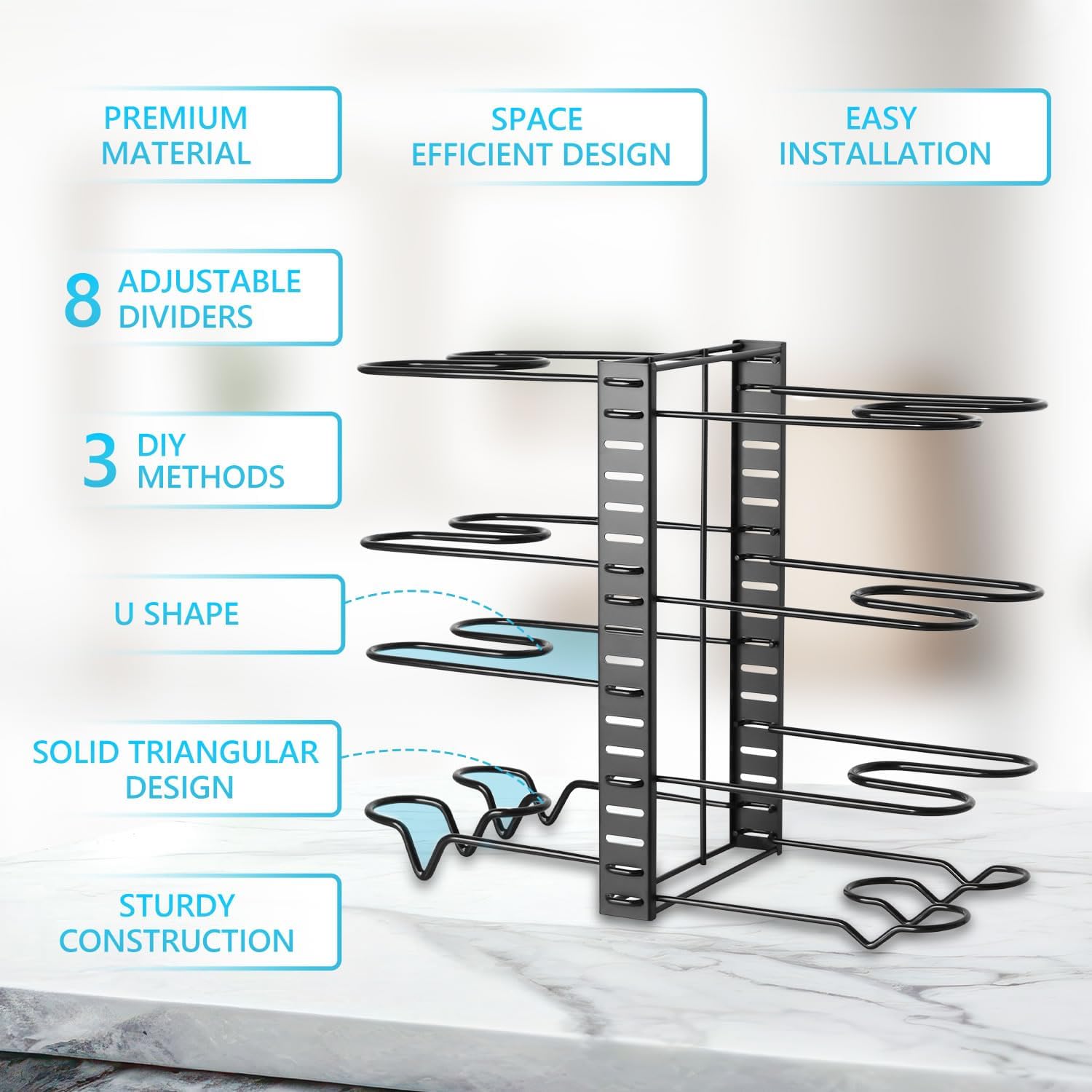 CARLA HOME 8-Tier Adjustable Pot Organizer Rack 20x38x48 cm for Kitchen Cabinet - SuperSaverAU - view 5