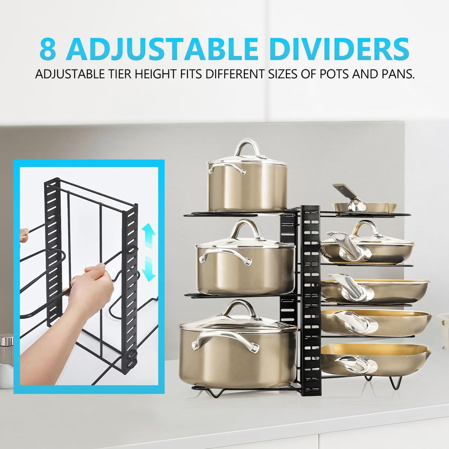 CARLA HOME Adjustable 8-Tier Pan Rack Pot Organizer for Kitchen Cabinet