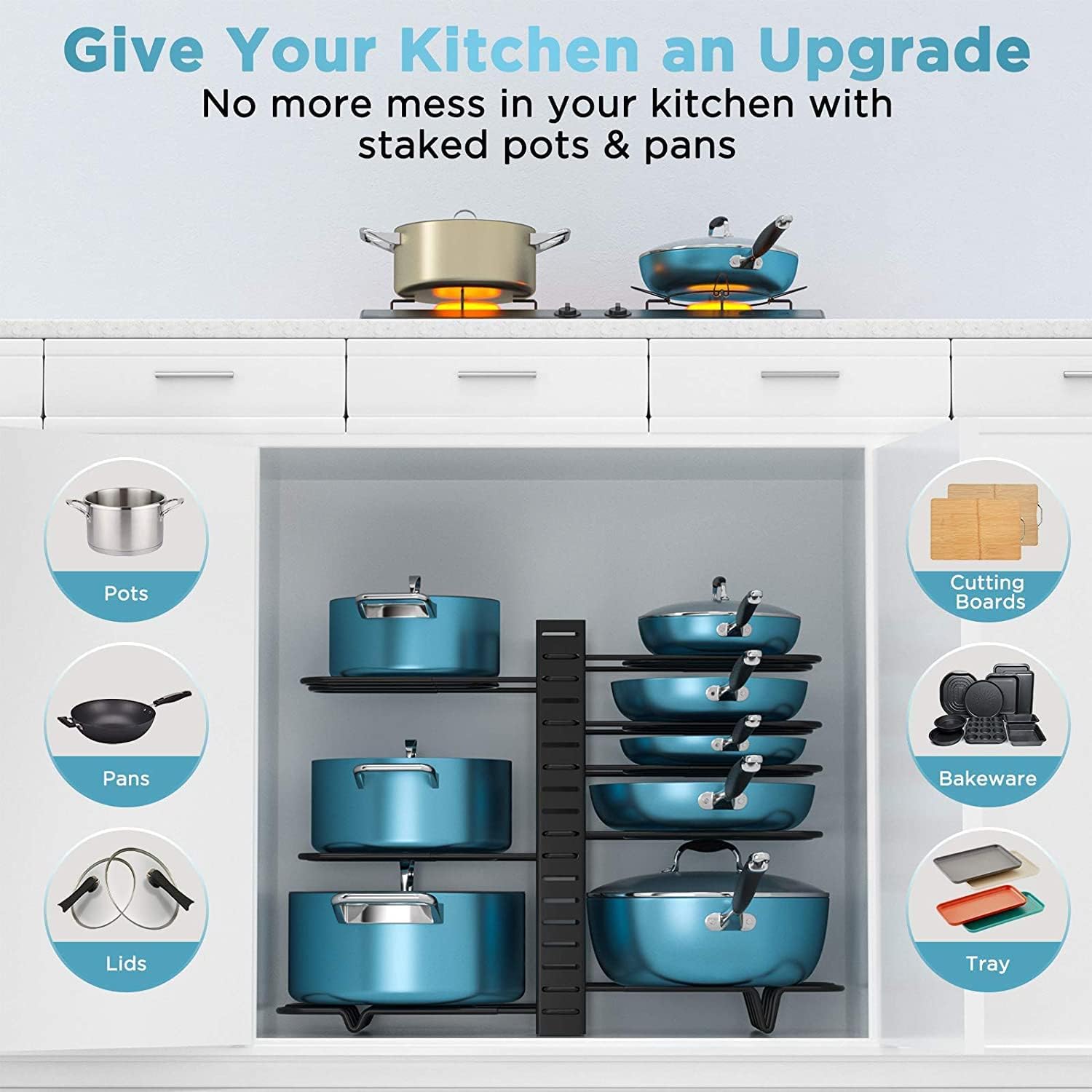 CARLA HOME 8-Tier Adjustable Pot Organizer Rack 20x38x48 cm for Kitchen Cabinet - SuperSaverAU - view 7