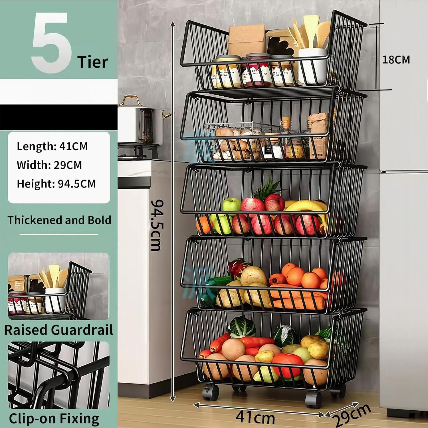 CARLA HOME 5-Tier Rolling Vegetable and Fruit Basket Cart, 29 x 41 x 94.5 cm - SuperSaverAU - view 2