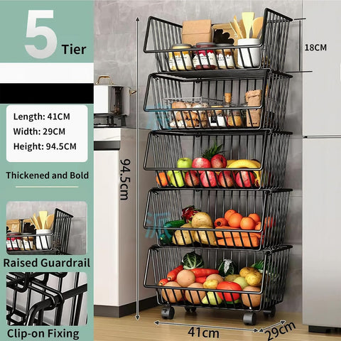 CARLA HOME 5-Tier Rolling Vegetable and Fruit Basket Cart, 29 x 41 x 94.5 cm - SuperSaverAU - view 2