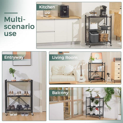 CARLA HOME 3-Tier Foldable Storage Shelf – Black with Lockable Wheels