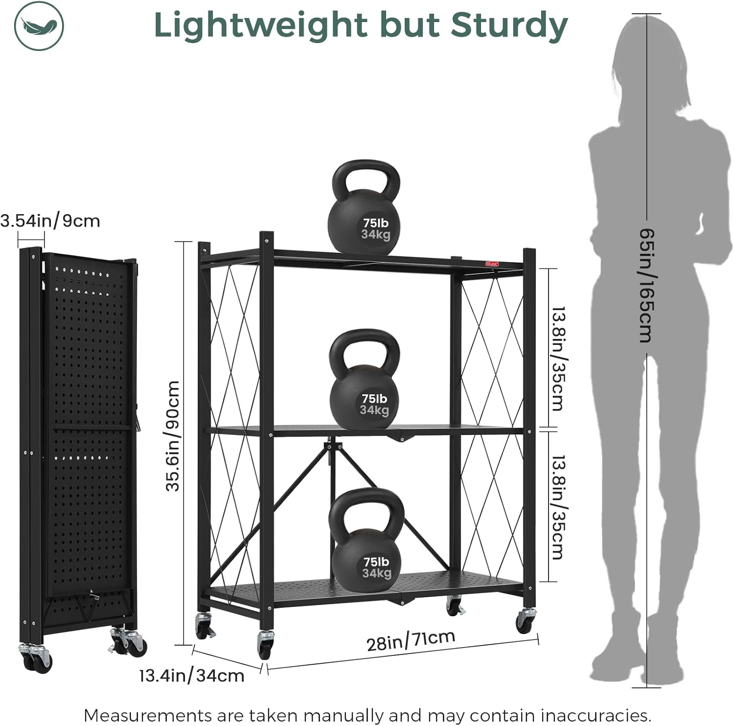 CARLA HOME 3-Tier Foldable Storage Shelf – Black with Lockable Wheels