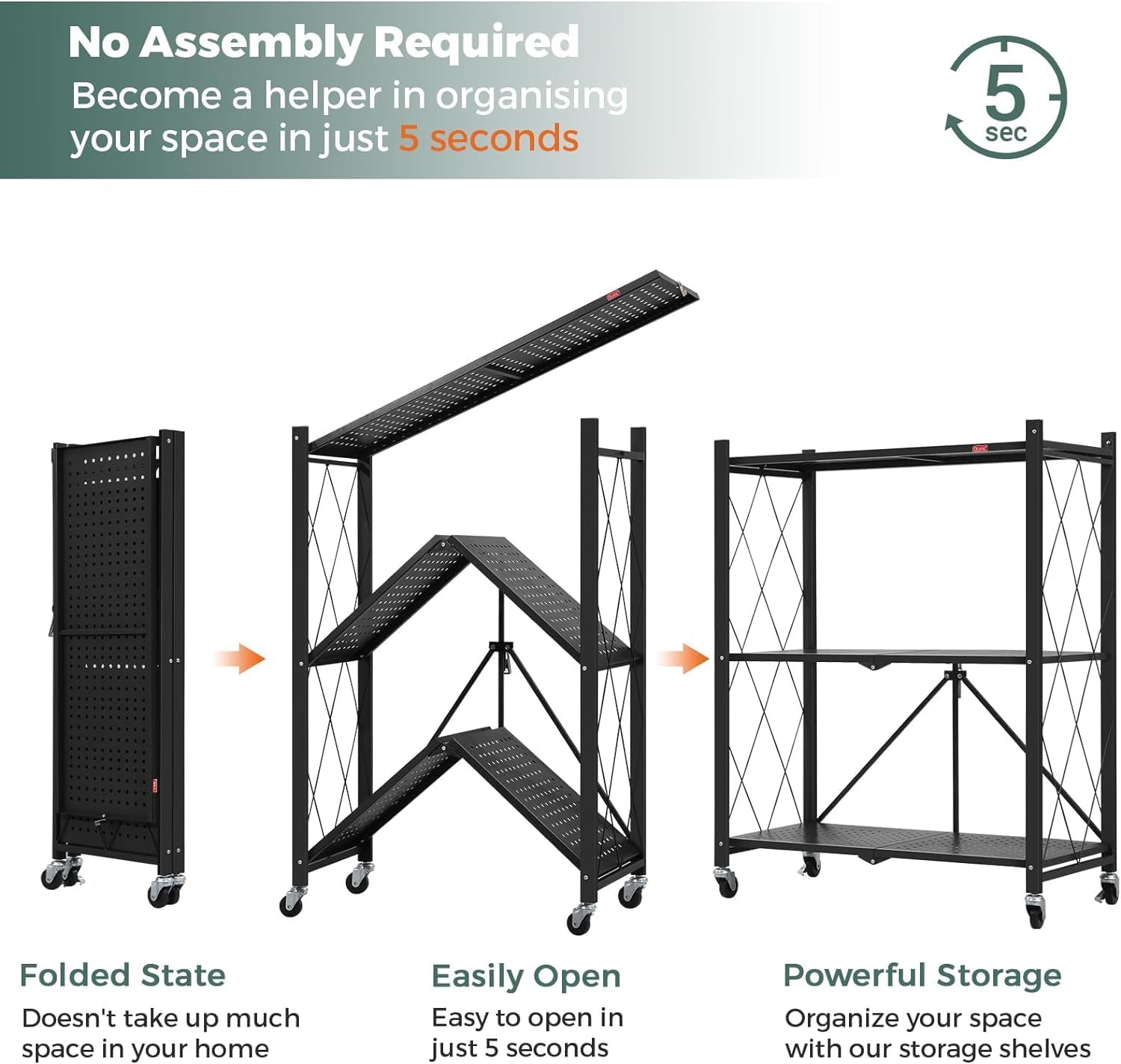 CARLA HOME 3-Tier Foldable Storage Shelf – Black with Lockable Wheels