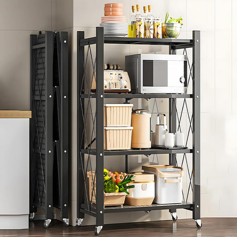 CARLA HOME 4 Tier Black Foldable Storage Shelf with Wheels 100kg Capacity
