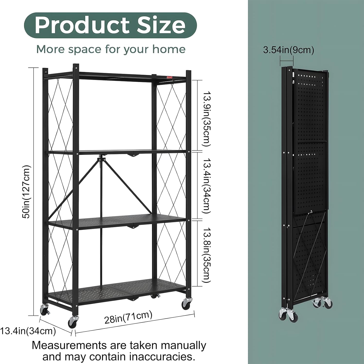 CARLA HOME 4 Tier Black Foldable Storage Shelf with Wheels 100kg Capacity