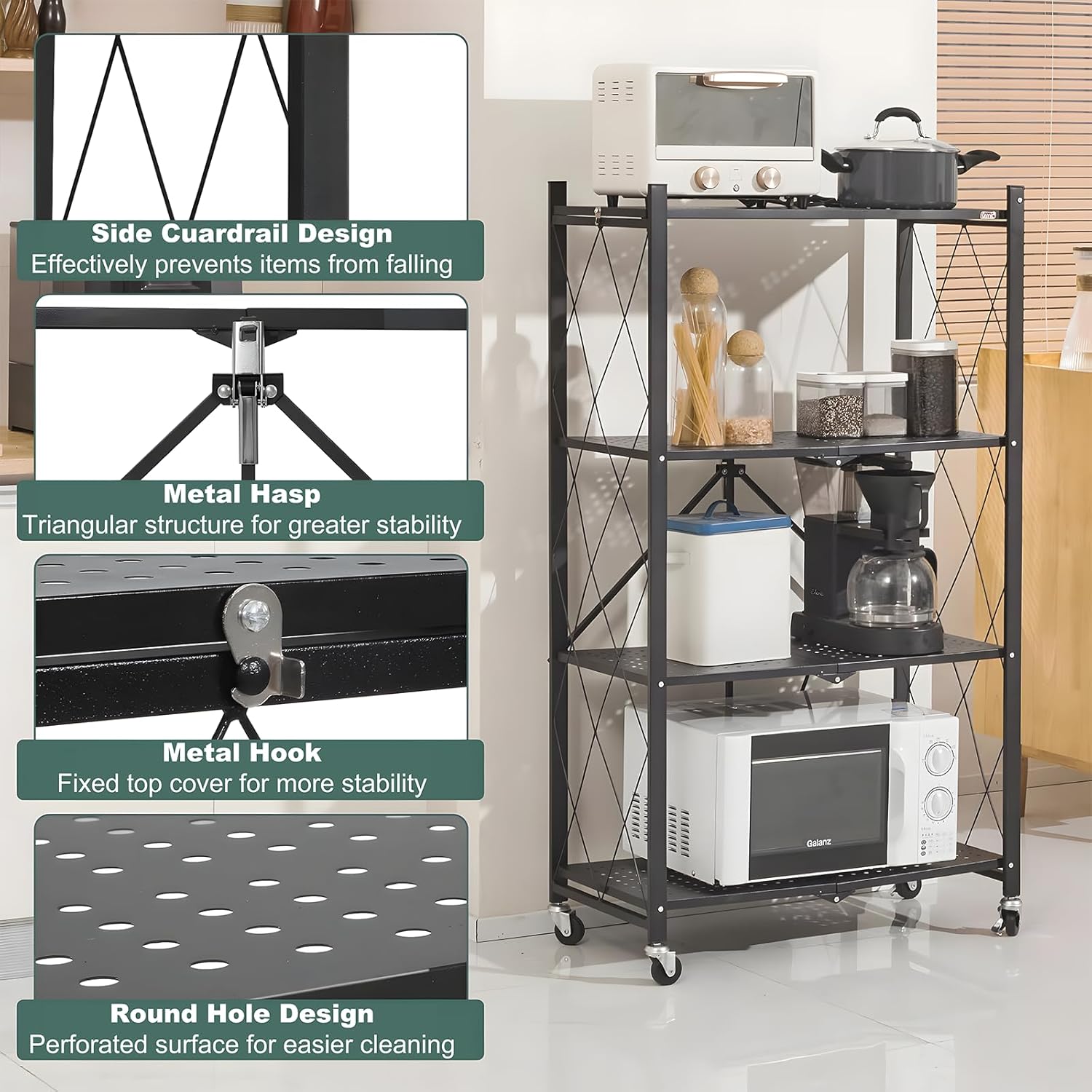 CARLA HOME 4 Tier Black Foldable Storage Shelf with Wheels 100kg Capacity