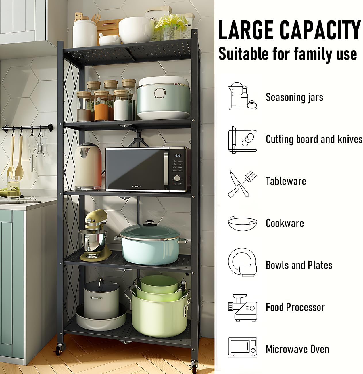 CARLA HOME 5 Tier Black Foldable Storage Shelf with Wheels 100kg Capacity