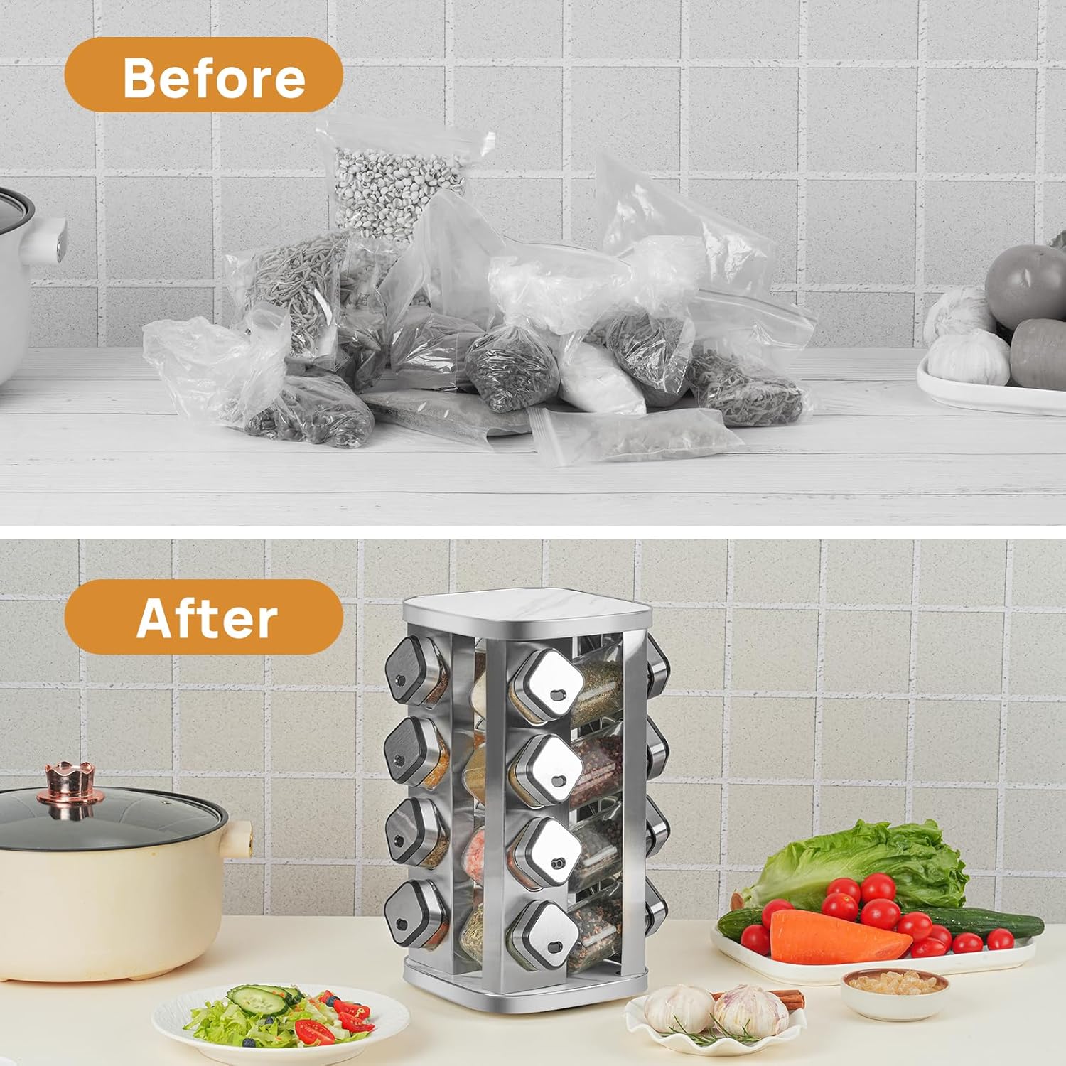 CARLA HOME 360° Rotating Spice Rack Organizer with 20 Glass Jars, 25x20x20 cm - SuperSaverAU - view 4