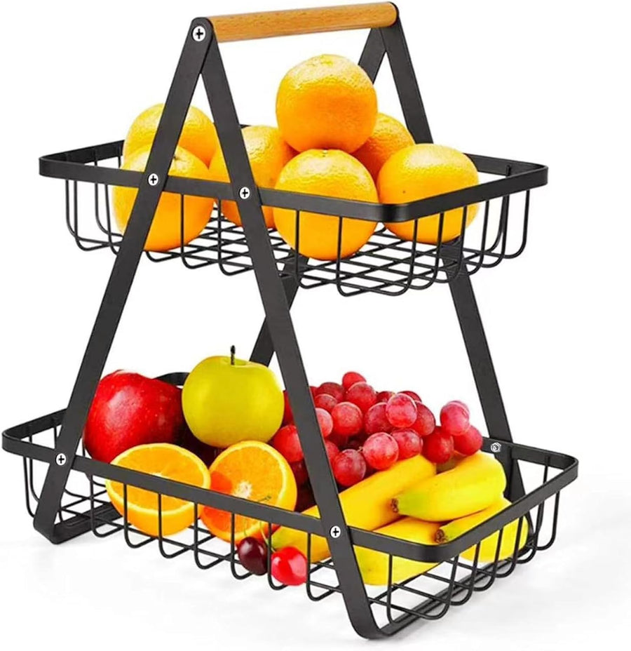 CARLA HOME 2-Tier Fruit Basket Stand for Kitchen Countertop for Fruits, Vegetables, Bread & Snacks with Wooden Handle - SuperSaverAU - view 1