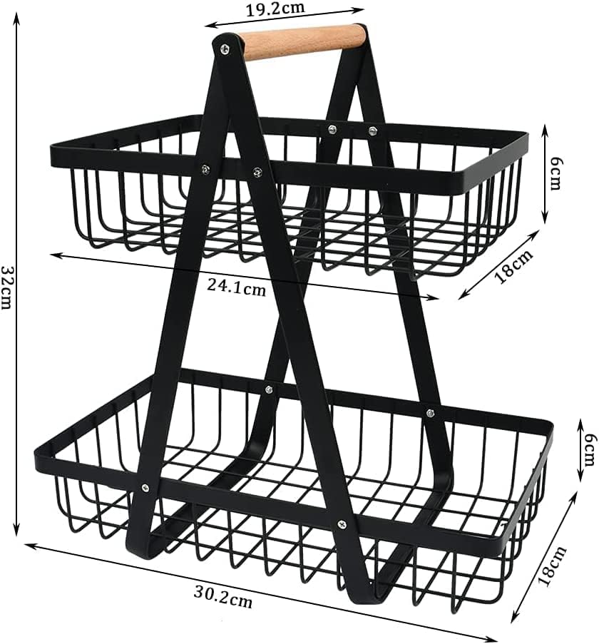 CARLA HOME 2-Tier Fruit Basket Stand for Kitchen Countertop for Fruits, Vegetables, Bread & Snacks with Wooden Handle - SuperSaverAU - view 4