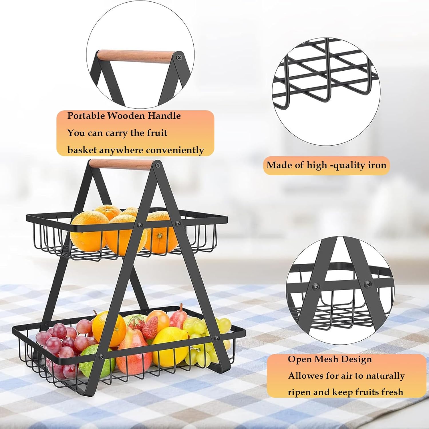 CARLA HOME 2-Tier Fruit Basket Stand for Kitchen Countertop for Fruits, Vegetables, Bread & Snacks with Wooden Handle - SuperSaverAU - view 5