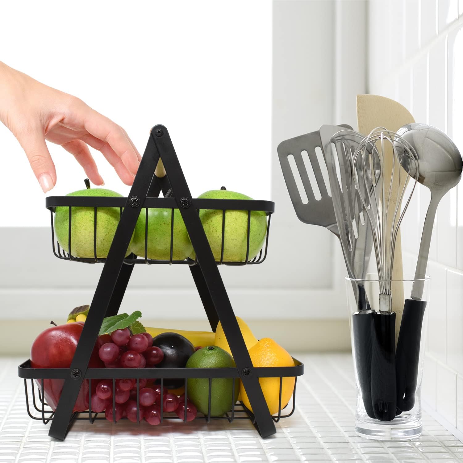 CARLA HOME 2-Tier Fruit Basket Stand for Kitchen Countertop for Fruits, Vegetables, Bread & Snacks with Wooden Handle - SuperSaverAU - view 9
