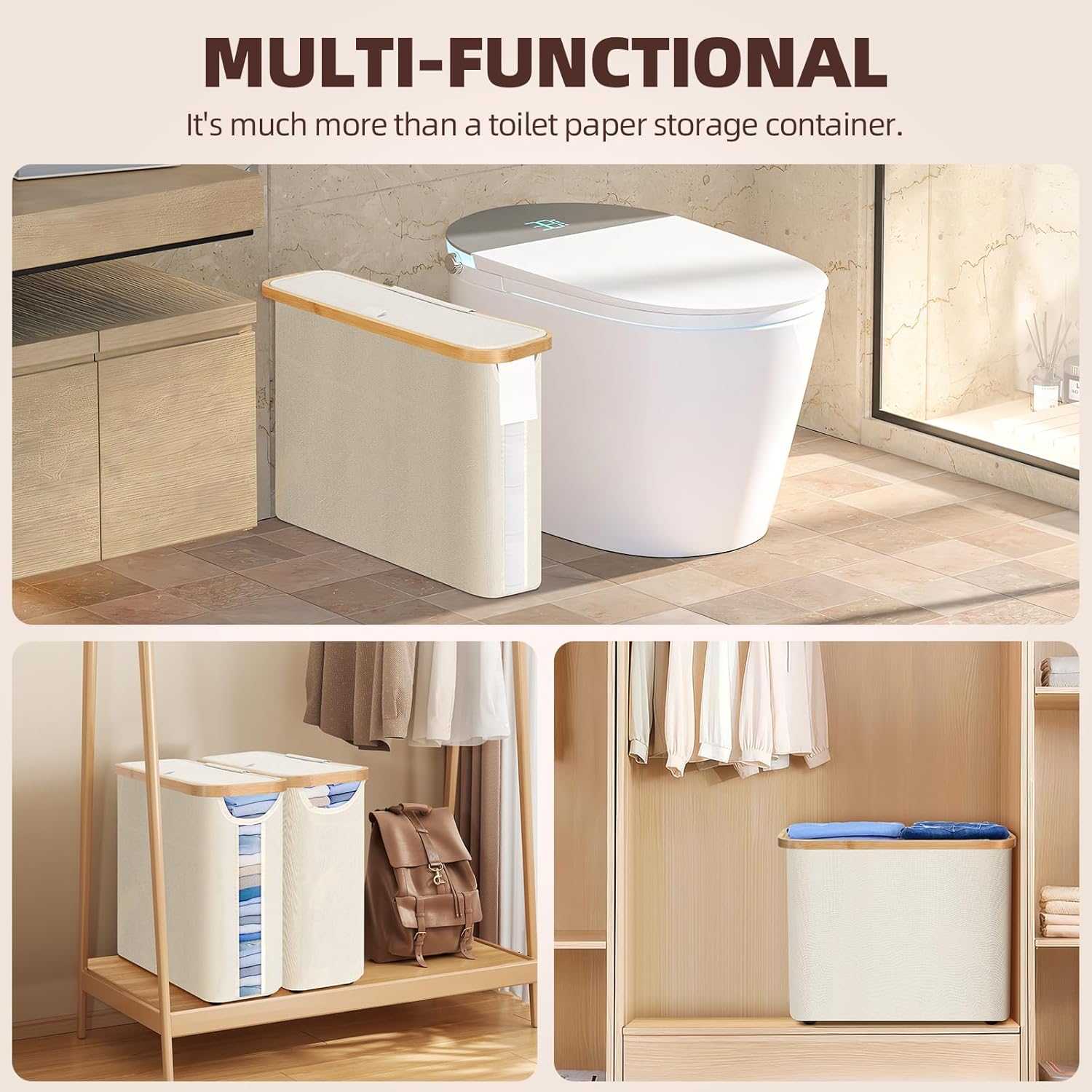 CARLA HOME Toilet Paper Storage Basket, Holds 12 Rolls, Bamboo Lid, 35x45x15 cm - SuperSaverAU - view 8