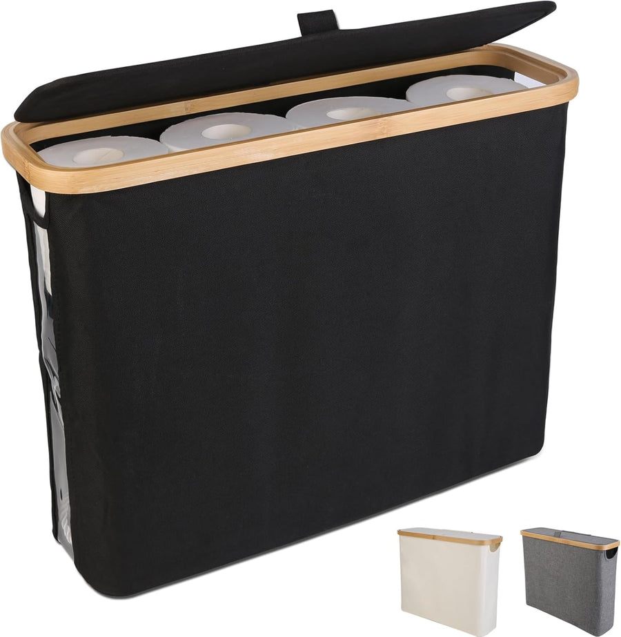 CARLA HOME Toilet Paper Storage Basket, Holds 12 Rolls, Bamboo Lid, 35x45x15 cm, Black - SuperSaverAU - view 1