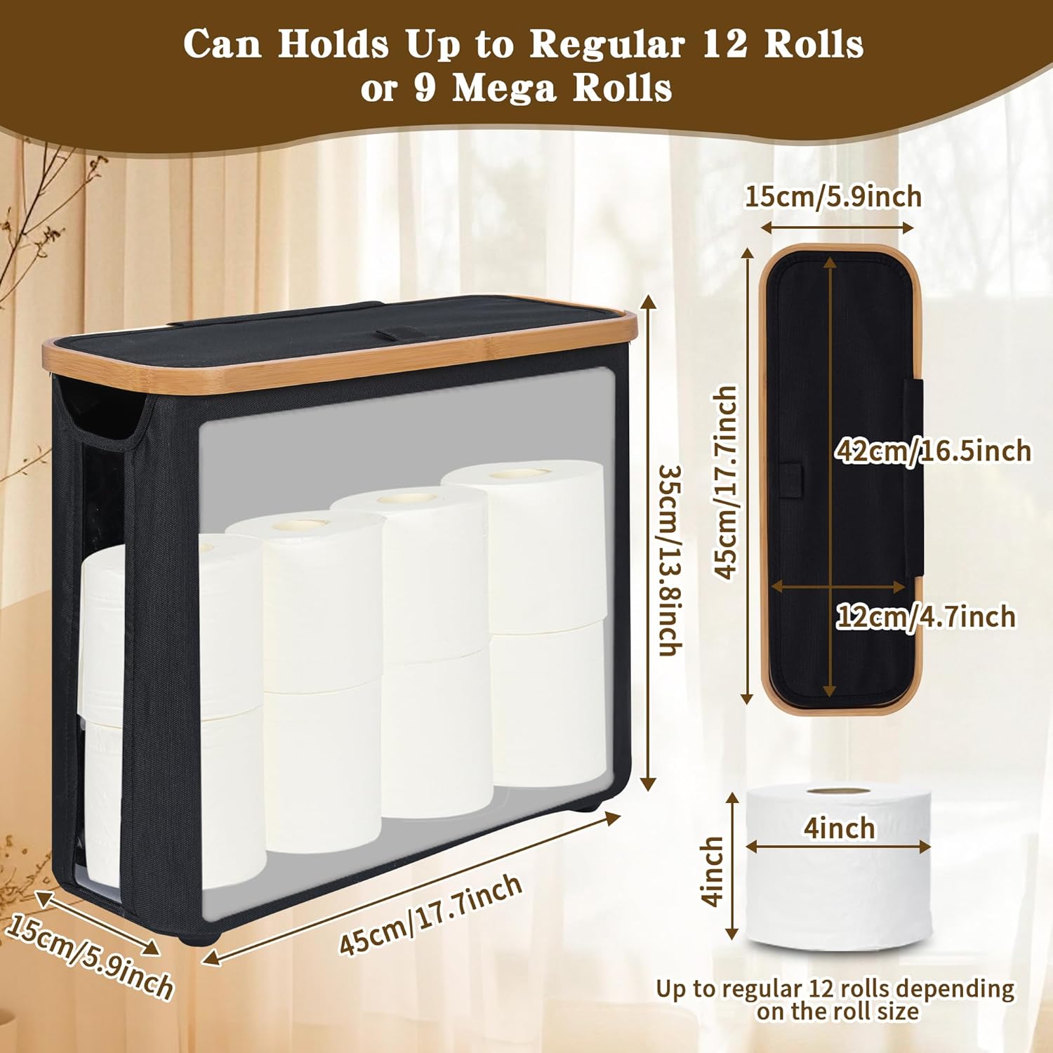 CARLA HOME Toilet Paper Storage Basket, Holds 12 Rolls, Bamboo Lid, 35x45x15 cm, Black - SuperSaverAU - view 3