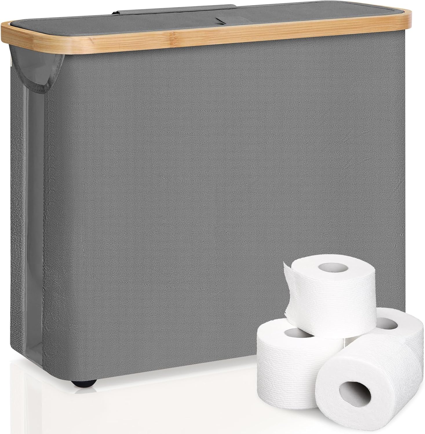 CARLA HOME Toilet Paper Storage Basket, Holds 12 Rolls, Bamboo Lid, Grey, 35x45x15 cm - SuperSaverAU - view 1