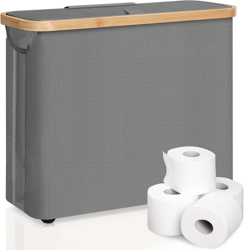 CARLA HOME Toilet Paper Storage Basket, Holds 12 Rolls, Bamboo Lid, Grey, 35x45x15 cm - SuperSaverAU - view 1
