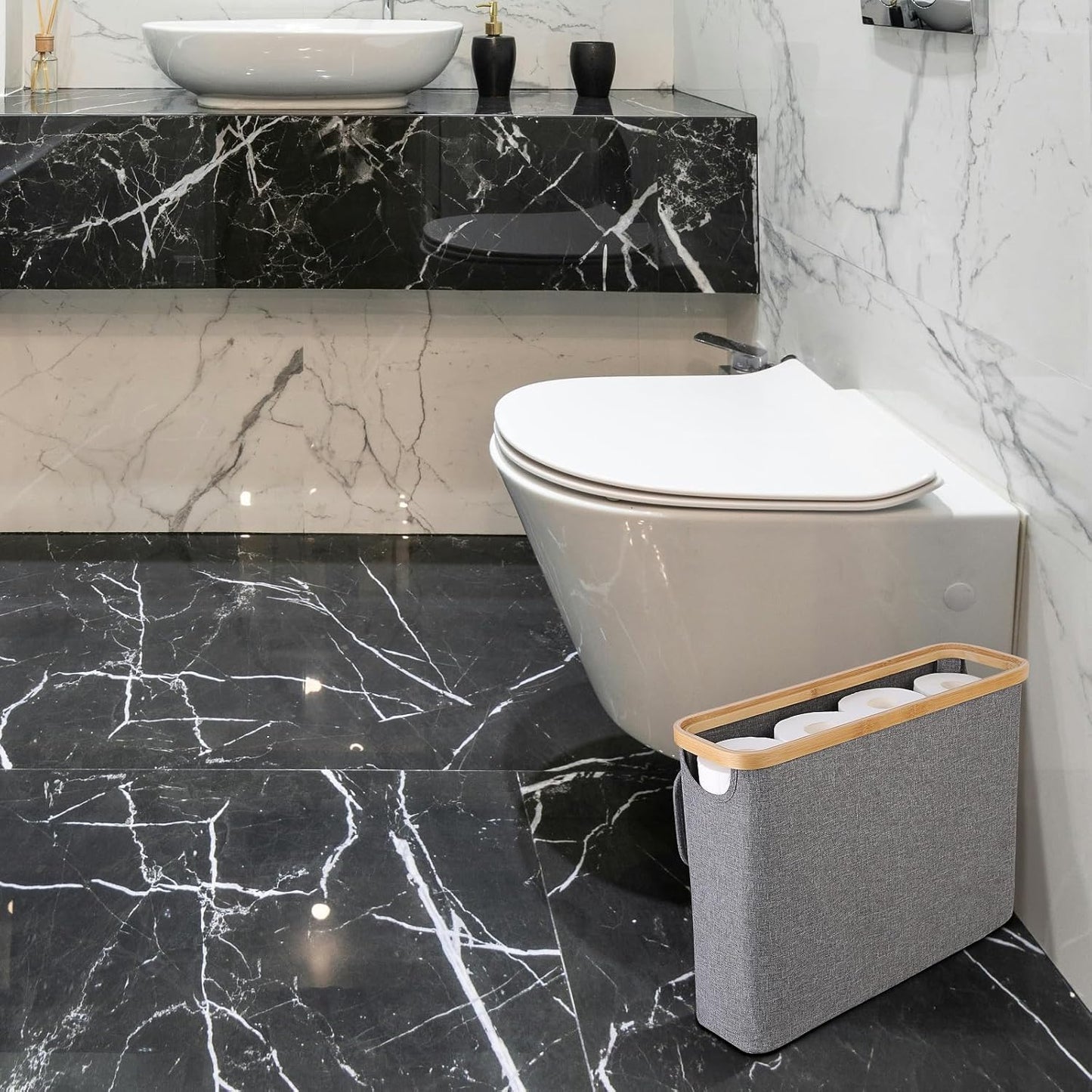 CARLA HOME Toilet Paper Storage Basket Holds Up to 12 Rolls with Bamboo Lid and Handle for RV Closet (Grey)