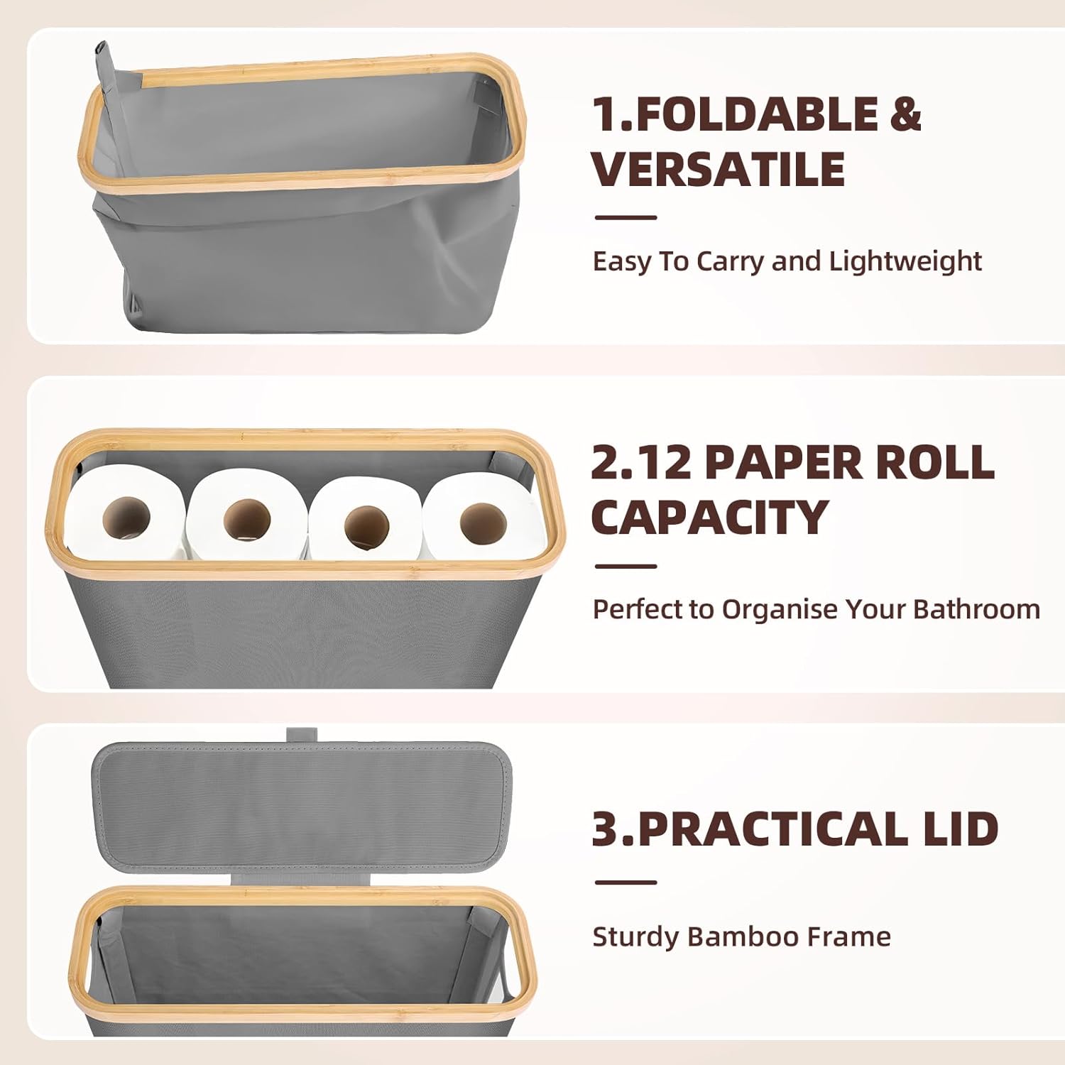 CARLA HOME Toilet Paper Storage Basket, Holds 12 Rolls, Bamboo Lid, Grey, 35x45x15 cm - SuperSaverAU - view 5