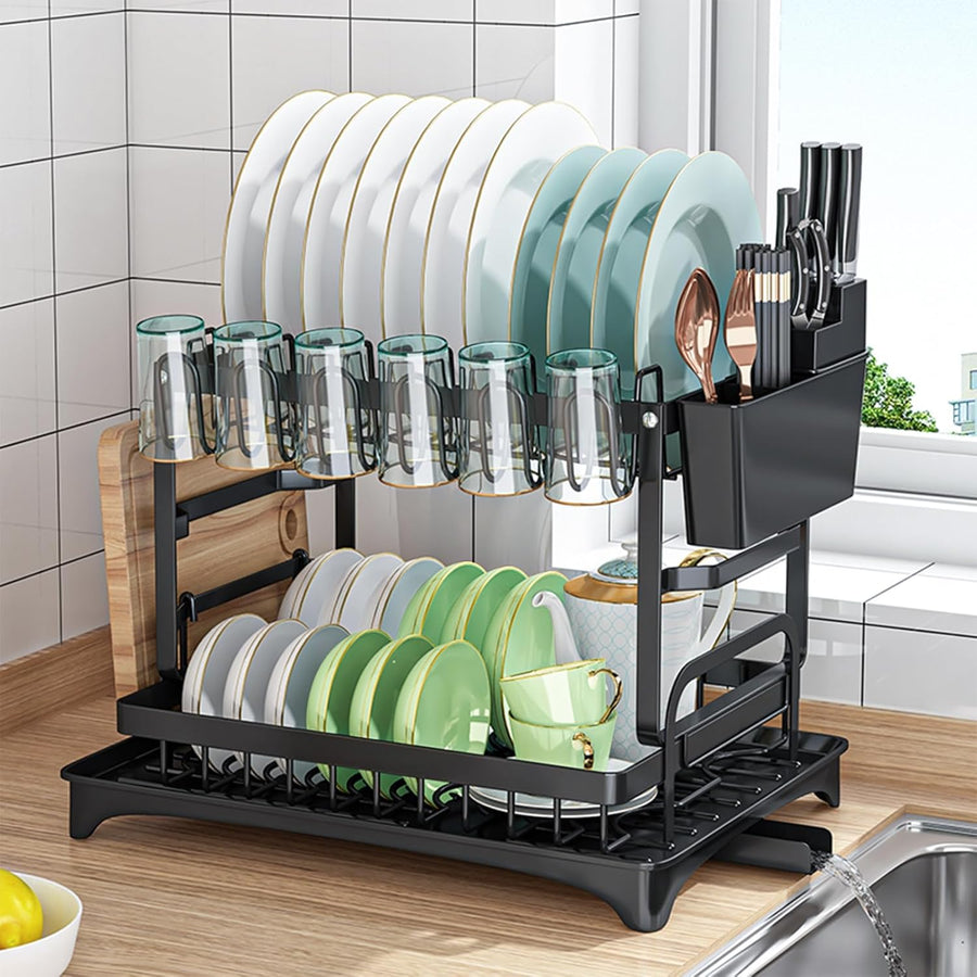 CARLA HOME 2-Tier Dish Drying Rack – Black with Drainage Tray