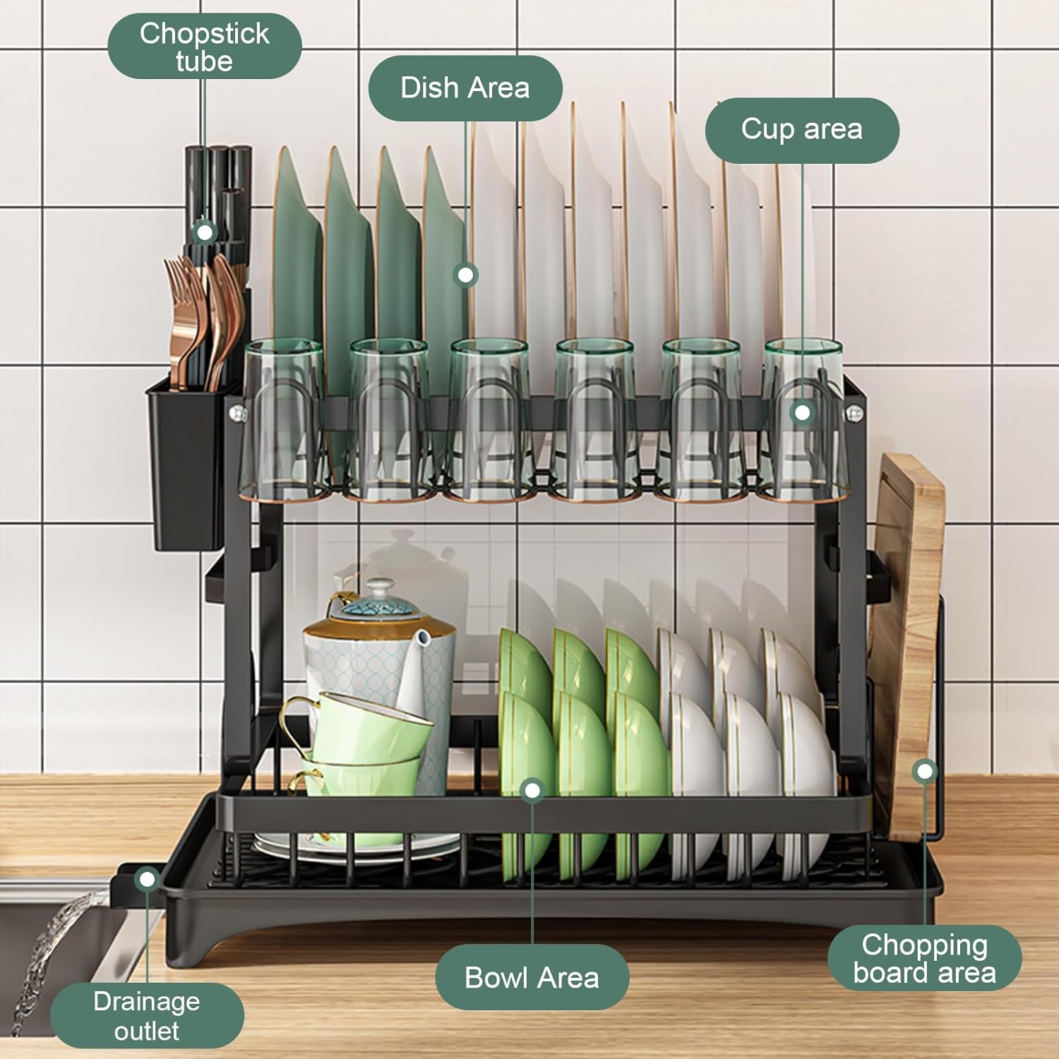 CARLA HOME 2-Tier Dish Drying Rack – Black with Drainage Tray