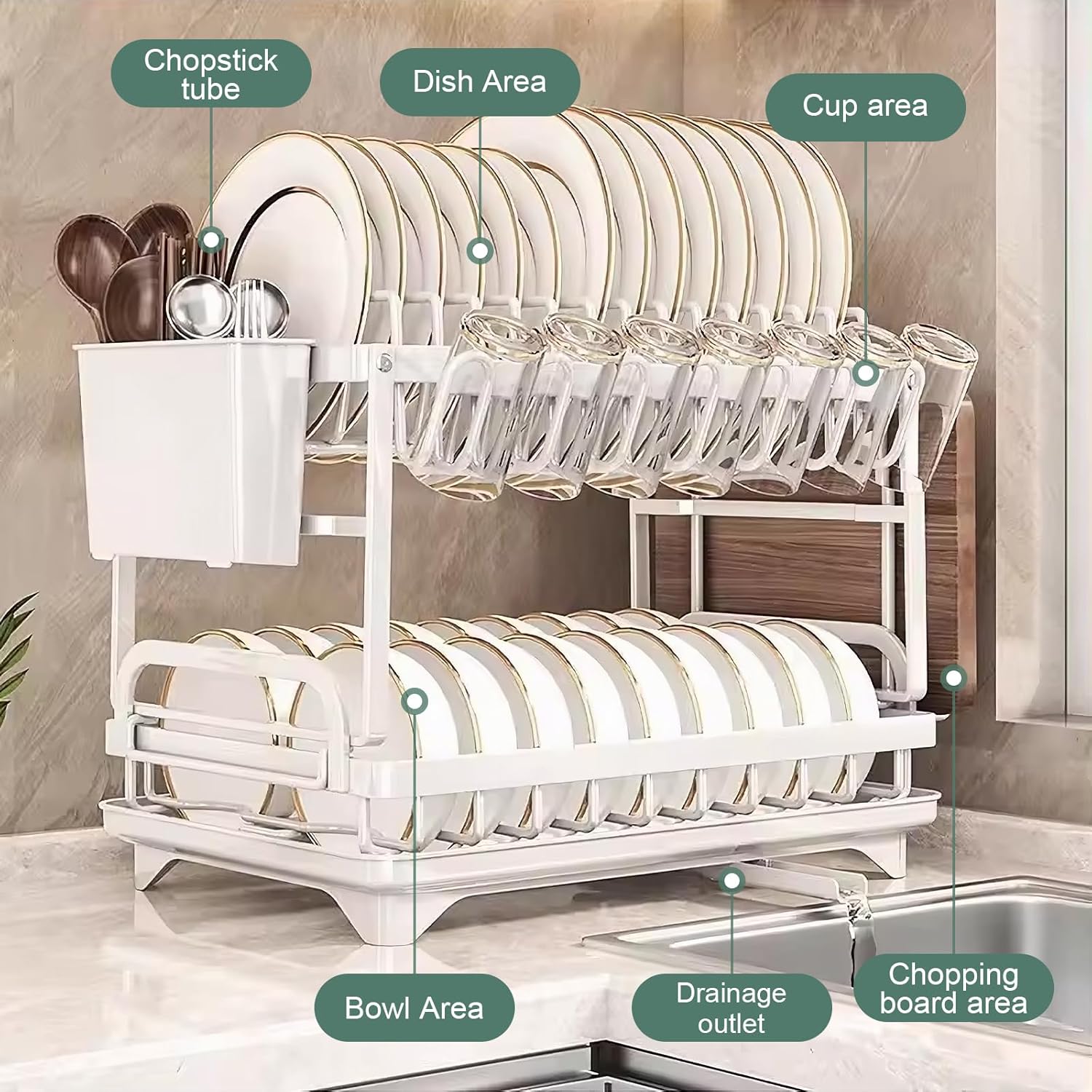 CARLA HOME 2-Tier Dish Drying Rack – White with Drainage Tray
