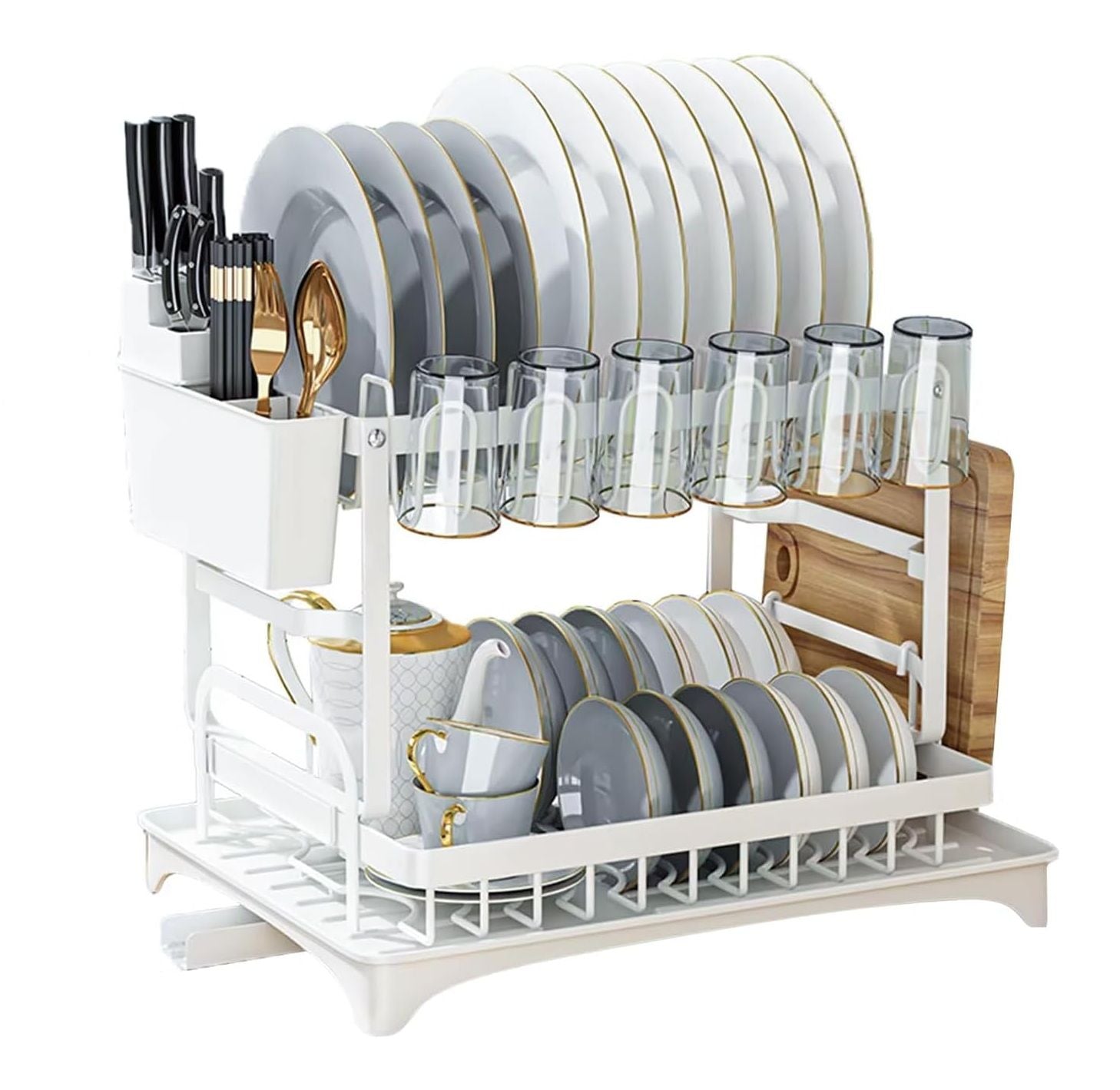 CARLA HOME 2-Tier Dish Drying Rack – White with Drainage Tray