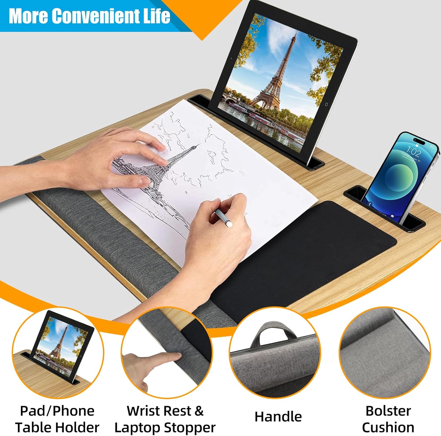 CARLA HOME Oversized Portable Lap Desk with Cushion, Mouse Pad, Tablet Holder, 34x55 cm - SuperSaverAU - view 5