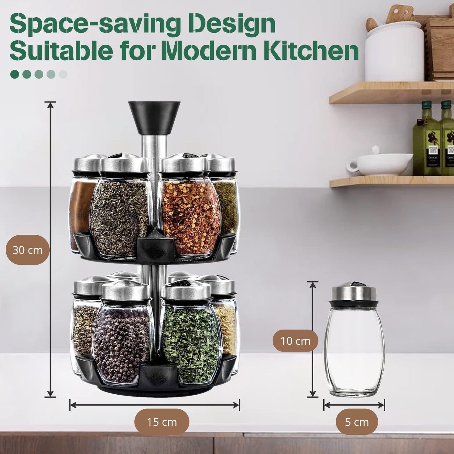 CARLA HOME Rotating Spice Rack Organizer with 16 Glass Jars for Kitchen Seasoning and Herb Storage