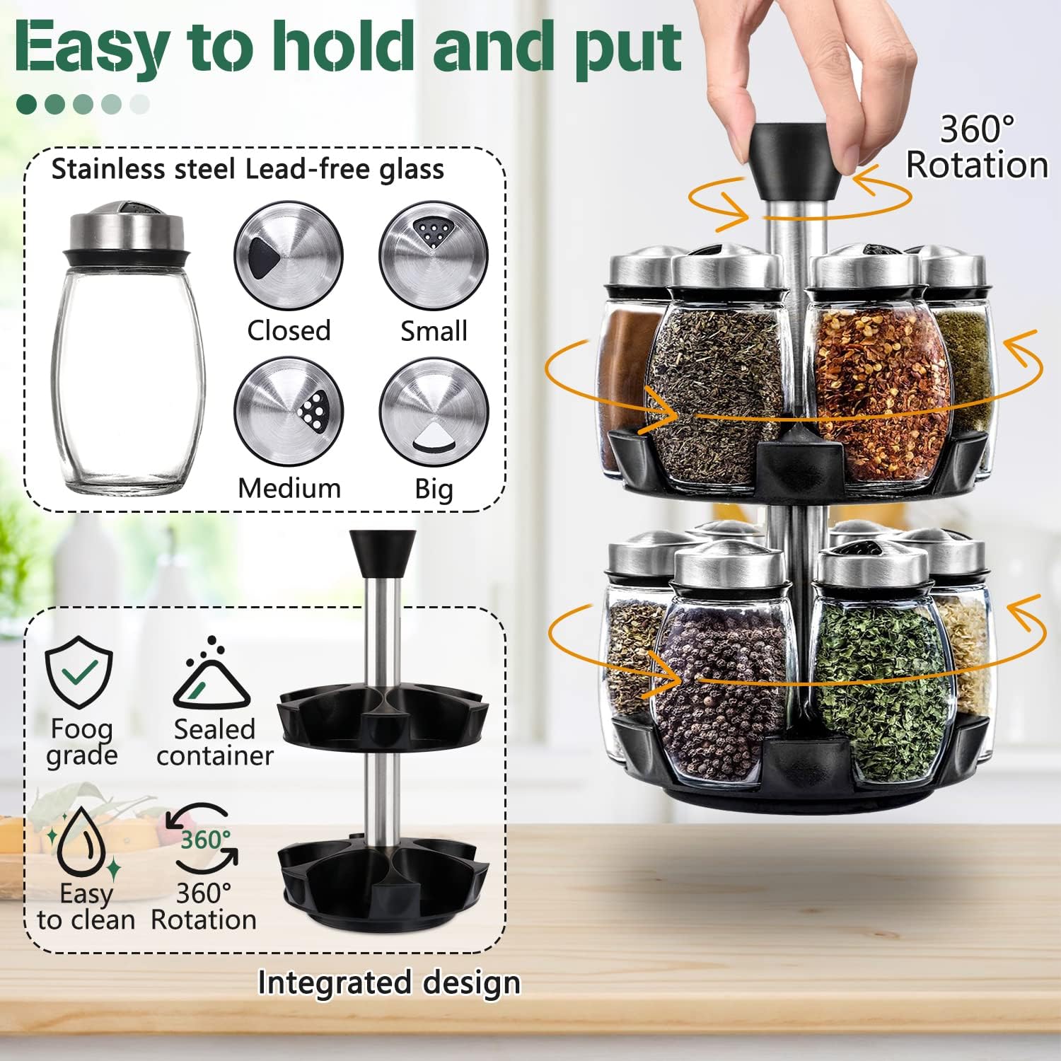 CARLA HOME Rotating Spice Rack Organizer 16 Glass Jars 15x30x15 cm - SuperSaverAU - view 4