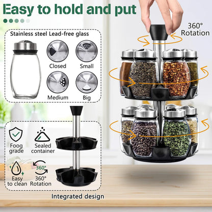 CARLA HOME Rotating Spice Rack Organizer with 16 Glass Jars for Kitchen Seasoning and Herb Storage