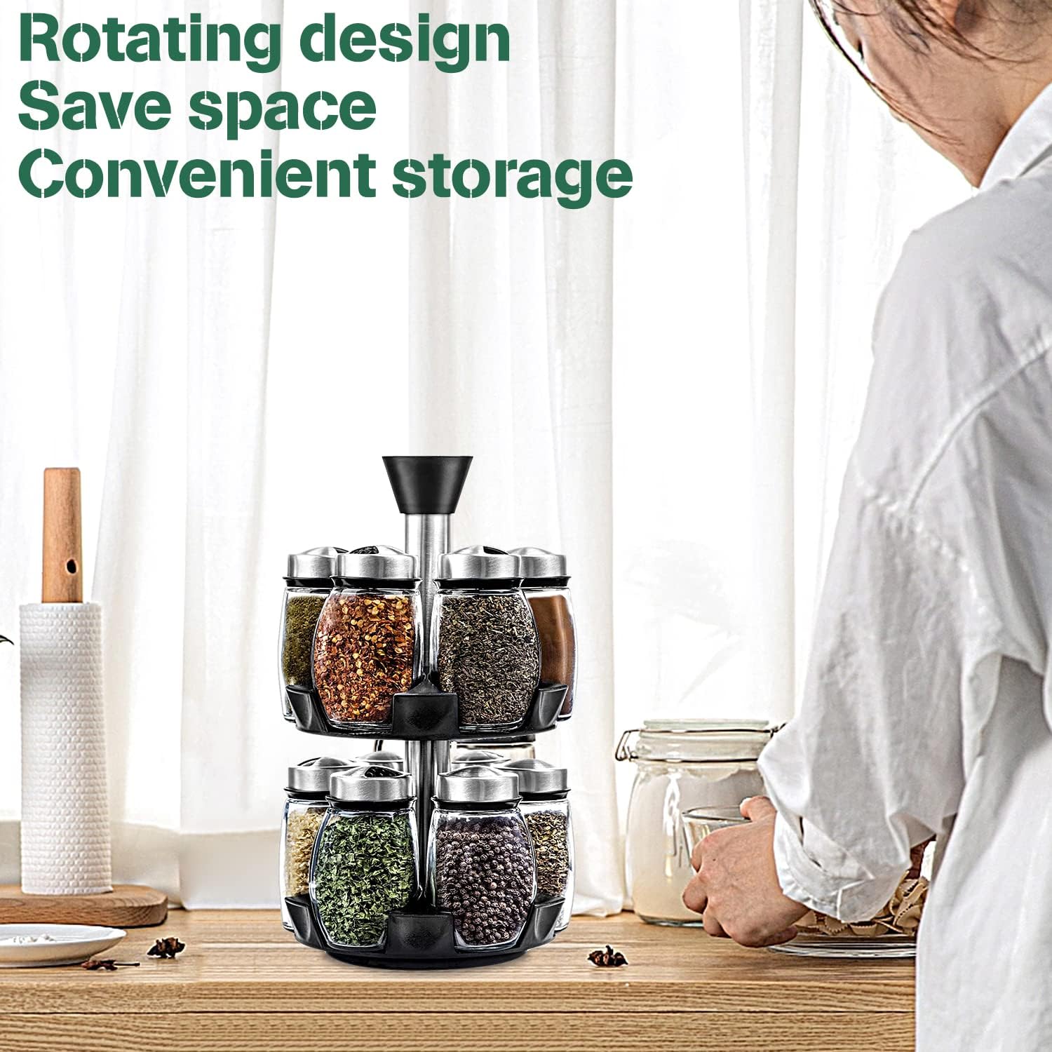 CARLA HOME Rotating Spice Rack Organizer 16 Glass Jars 15x30x15 cm - SuperSaverAU - view 6