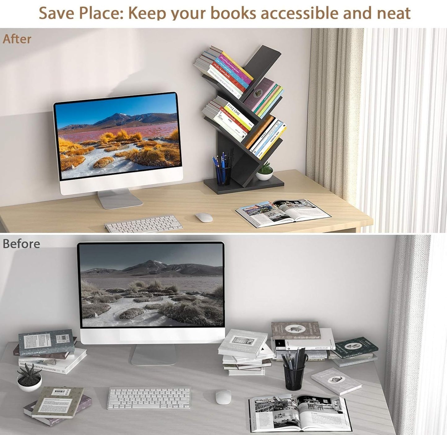 CARLA HOME 5-Tier Tree Bookshelf Storage Rack for Home Office (Black)