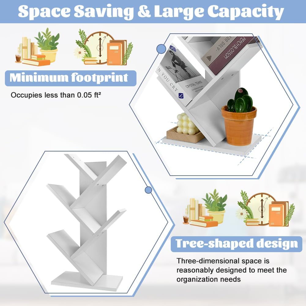 CARLA HOME 5-Tier Tree Bookshelf Storage Rack for Home Office (White)