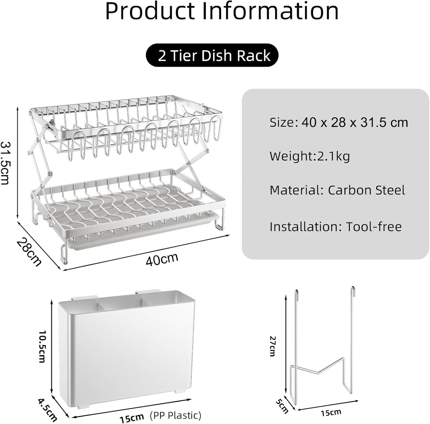 CARLA HOME 2-Tier Dish Drying Rack with Drainage Tray, Utensil Holder, Cup Hooks & Cutting Board Rack for Kitchen (White)