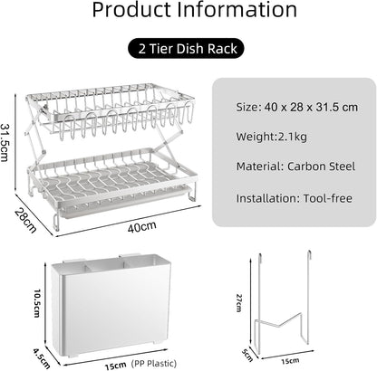 CARLA HOME 2-Tier Dish Drying Rack with Drainage Tray, Utensil Holder, Cup Hooks & Cutting Board Rack for Kitchen (White)